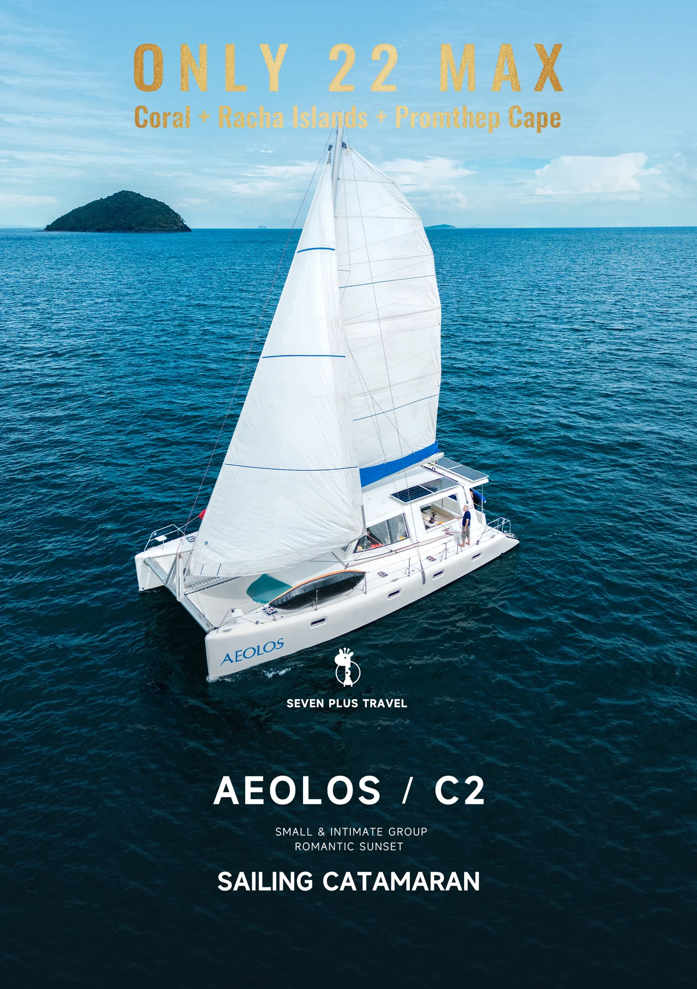 Sailing catamaran anchored near turquoise waters off Coral Island and Racha Island, Phuket, at golden sunset