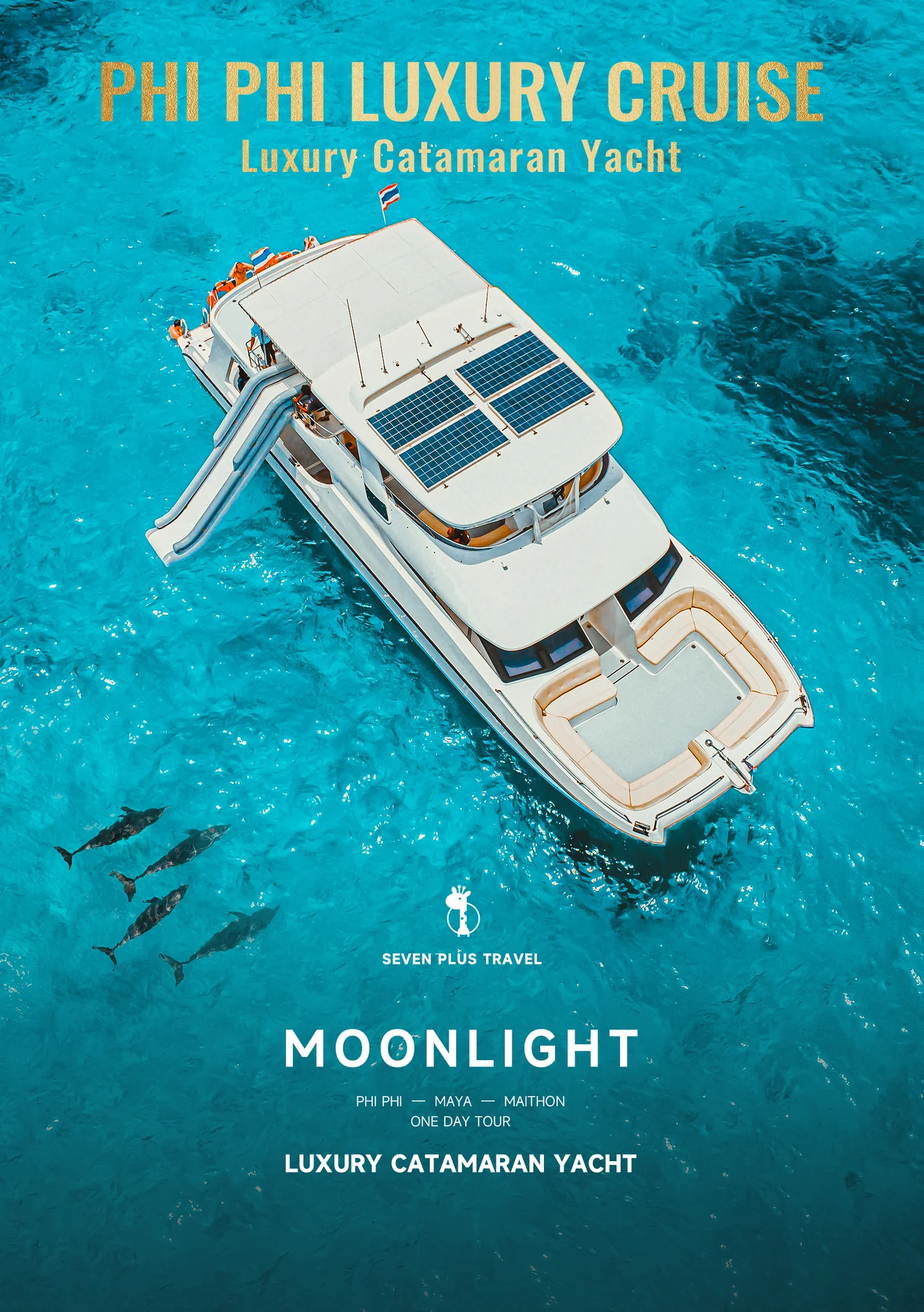 Luxury cruise boat gliding past the dramatic limestone cliffs of Phi Phi at golden dusk