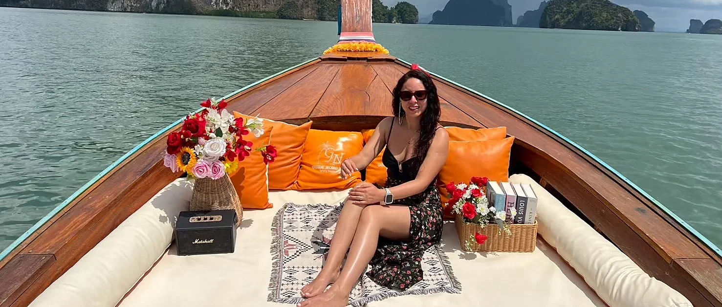 Luxury longtail boat cruising near James Bond Island on a private tour