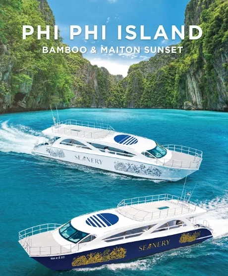 Speed catamaran cruising turquoise waters on a Phi Phi and Bamboo Island tour from Phuket
