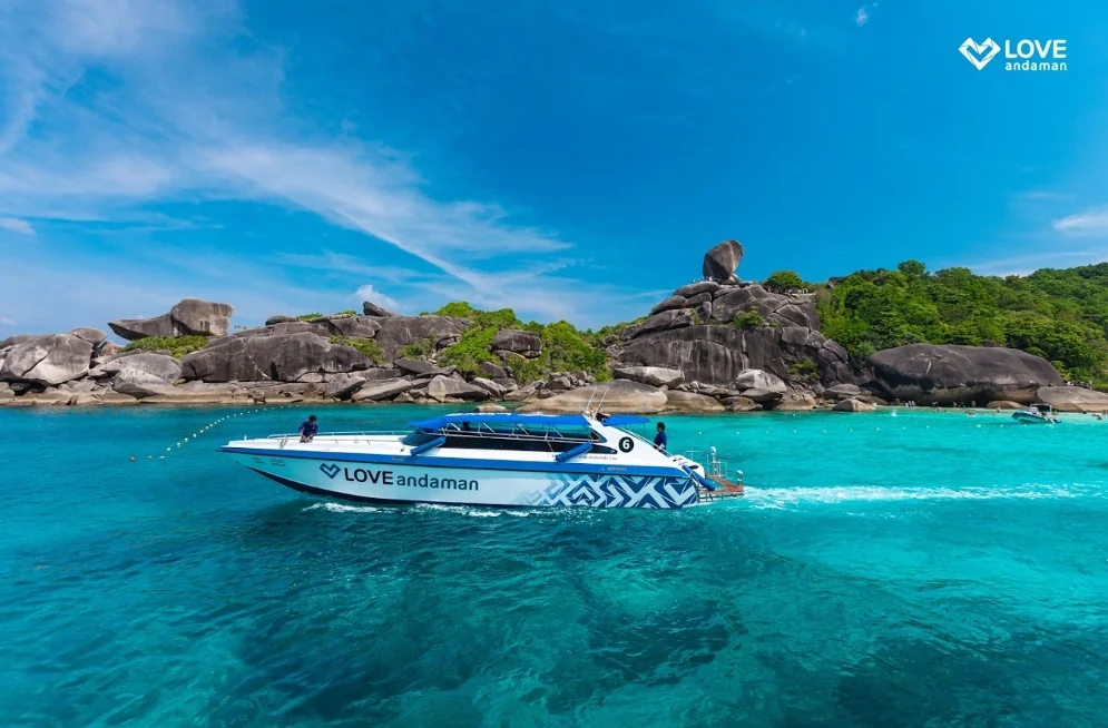 Similan Islands tour boat departing Thap Lamu Pier on a clear morning, Phang Nga Province