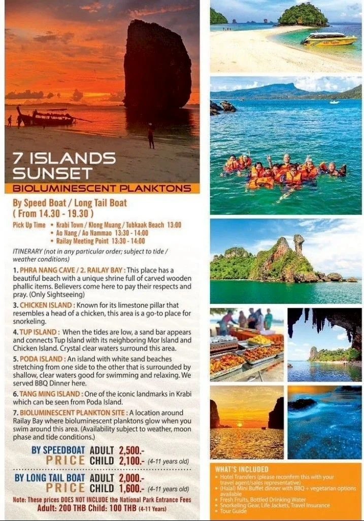 Speed boat cruising past dramatic Krabi limestone islands at golden sunset during a 7 Islands BBQ dinner tour