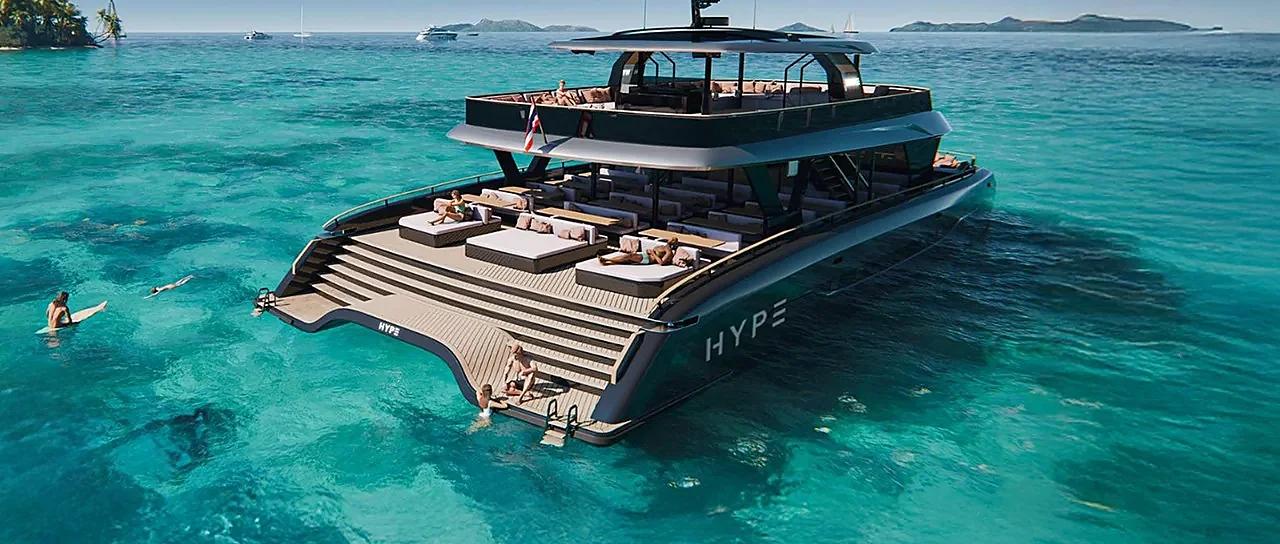 Sleek Hype Yacht 86 cruising open waters on a private charter tour