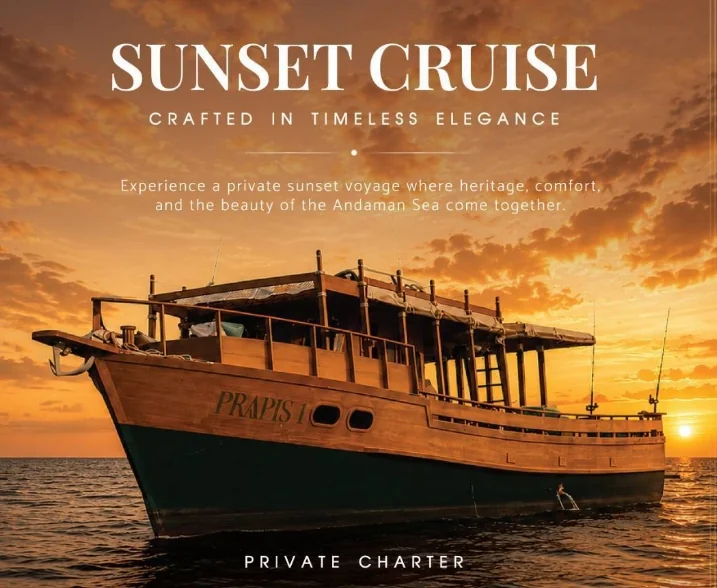 Heritage Prapis 1 private sunset cruise off Phuket, with Jacuzzi deck glowing near Promthep Cape at golden hour